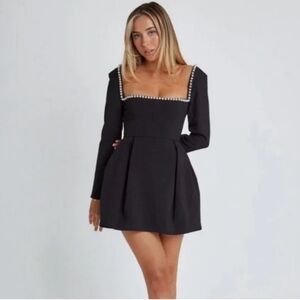 Chic Long Sleeve Black Dress with Pearl Accents